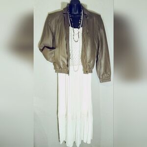 VTG PLUS Wilson's Brown Leather Bomber Jacket & Cream Boho Crochet Maxi Dress